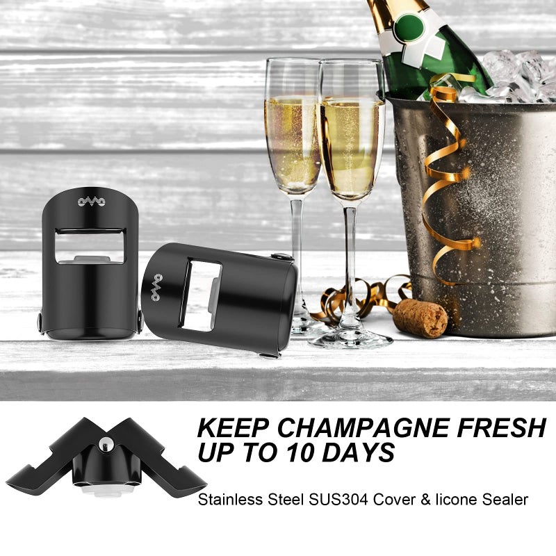 OWO Champagne Bottle Stoppers Stainless Steel, Reusable Champagne Cork & Saver Stopper, Leak Proof Prosecco & Sparkling Wine Plug, Bubble Retention Protectionï¼ˆBlack, 2 Packï¼‰ - Image 2